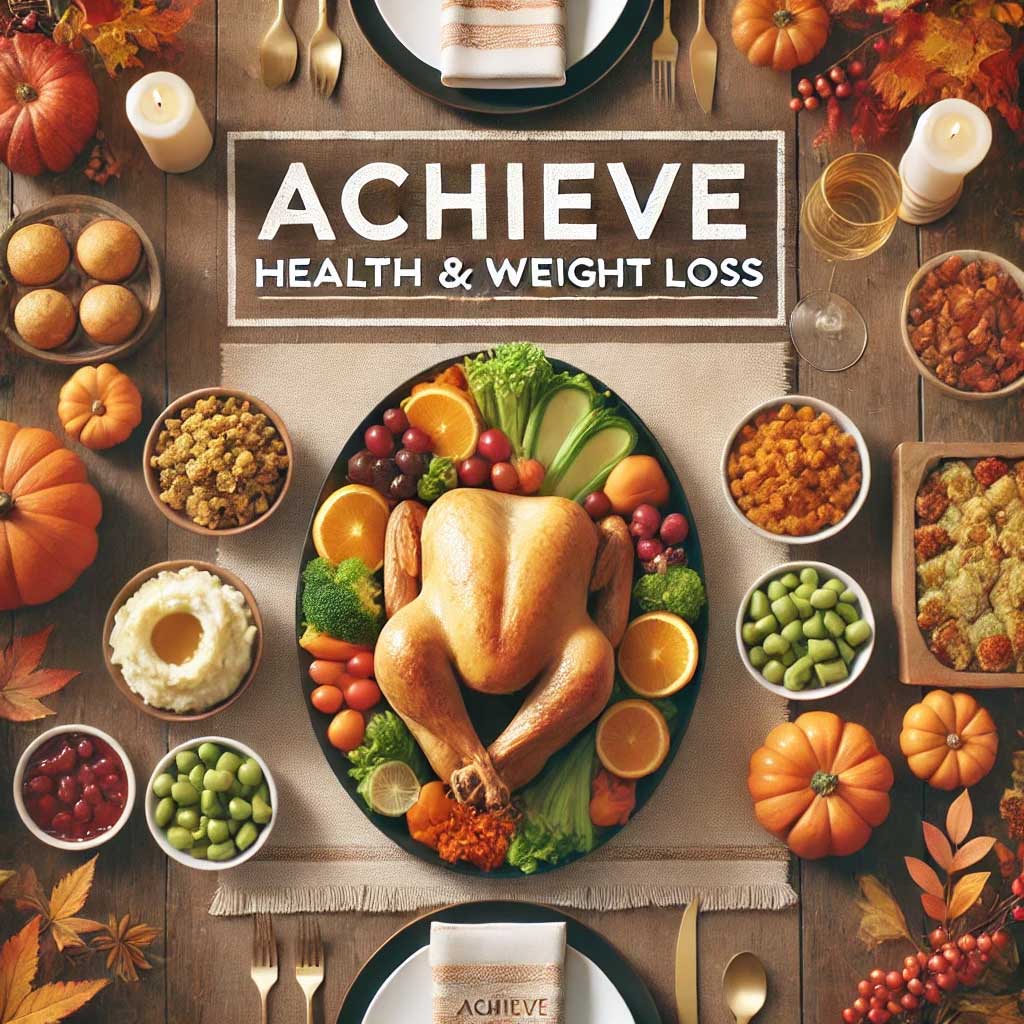 A festive Thanksgiving table with healthy portions of turkey, vegetables, and smaller servings of traditional sides, representing balanced eating during the holiday.