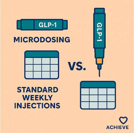 Illustration showing a GLP 1 injection pen with a daily calendar vs. a weekly calendar, symbolizing microdosing vs. standard dosing